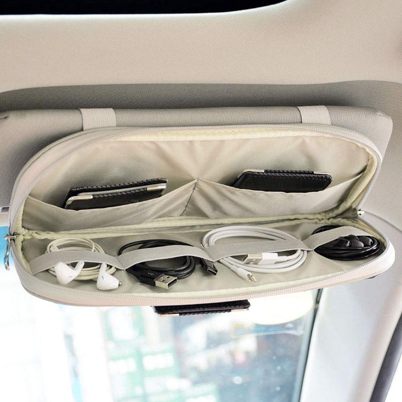 Da by Car Visor Organier Truck SUV Sun Visor Storage Pocket PU Leather Pouch Holder with Multi-Pocket Double Zipper Net Pocket, for Cards Pens Sunglasses Document (Cream Grey) - Image 2